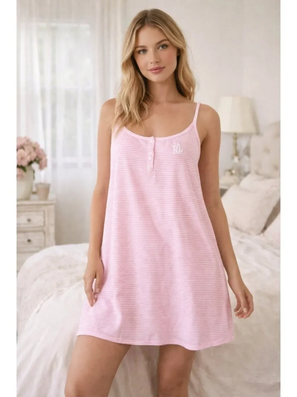 Lauren Ralph Lauren Pink Stripe Cotton Nightgown Monogram Logo Size M